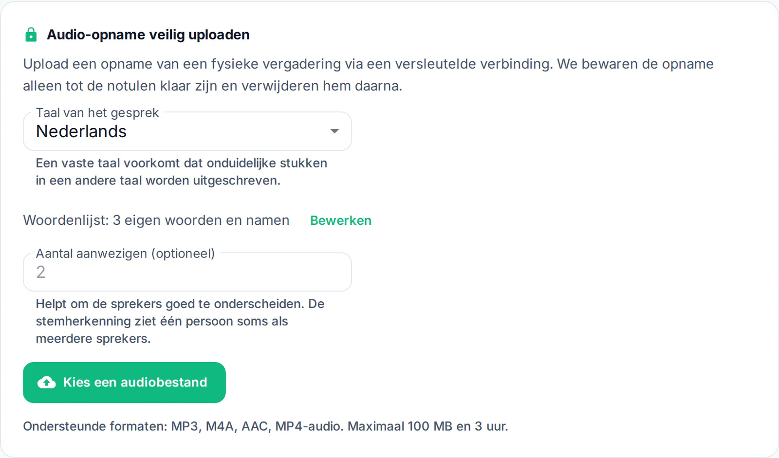 De uploadkaart met taal, woordenlijst en aantal aanwezigen