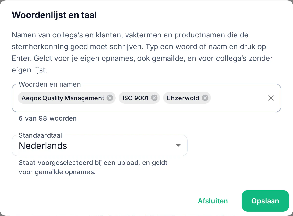 Het venster Woordenlijst en taal