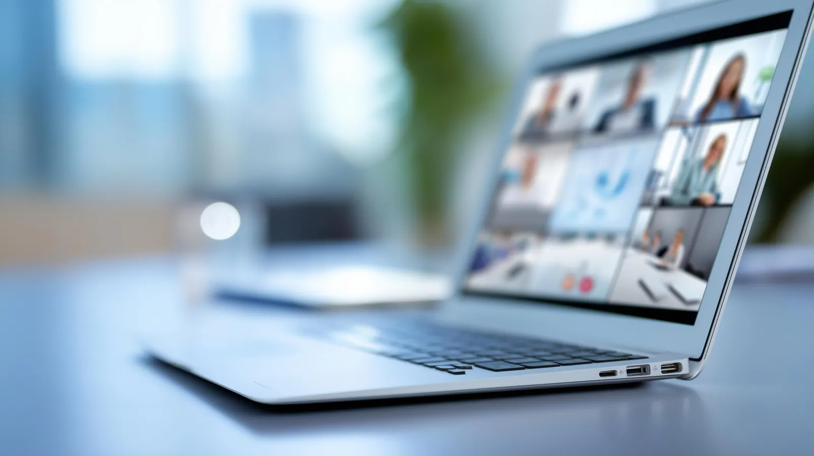 Een laptop op een bureau met een videovergadering in beeld
