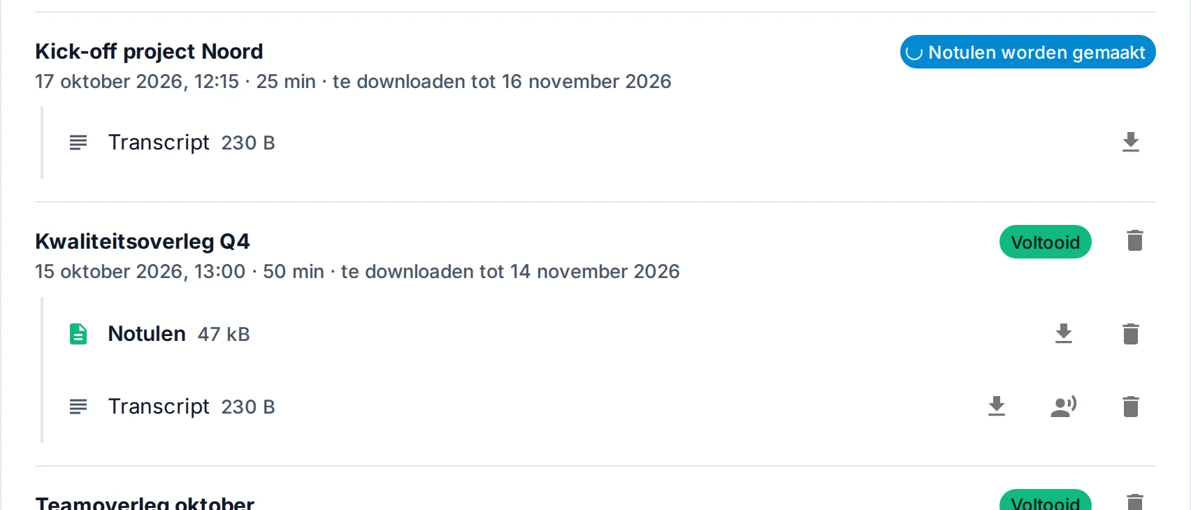 Het scherm Je opnames en verslagen in Clerqly: per vergadering de notulen als Word-bestand en het transcript, met de status van de verwerking