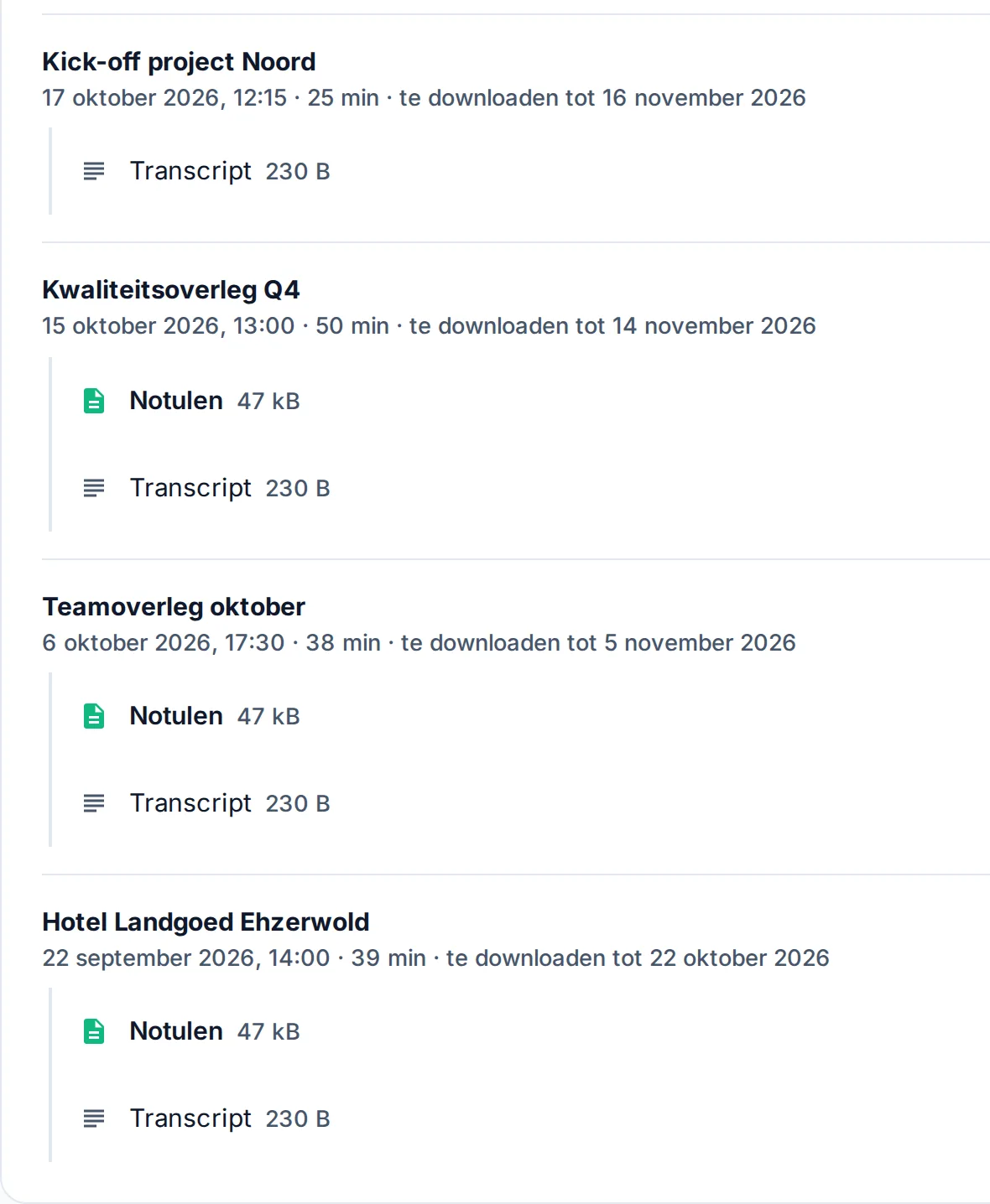 Het scherm Je opnames en verslagen in Clerqly: per vergadering de notulen als Word-bestand en het transcript, met de status van de verwerking