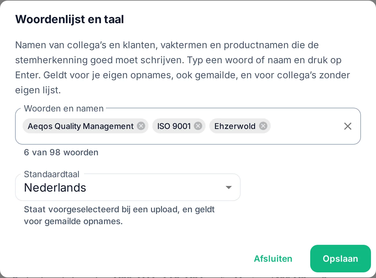 Het venster Woordenlijst en taal in Clerqly, met drie eigen woorden en Nederlands als standaardtaal